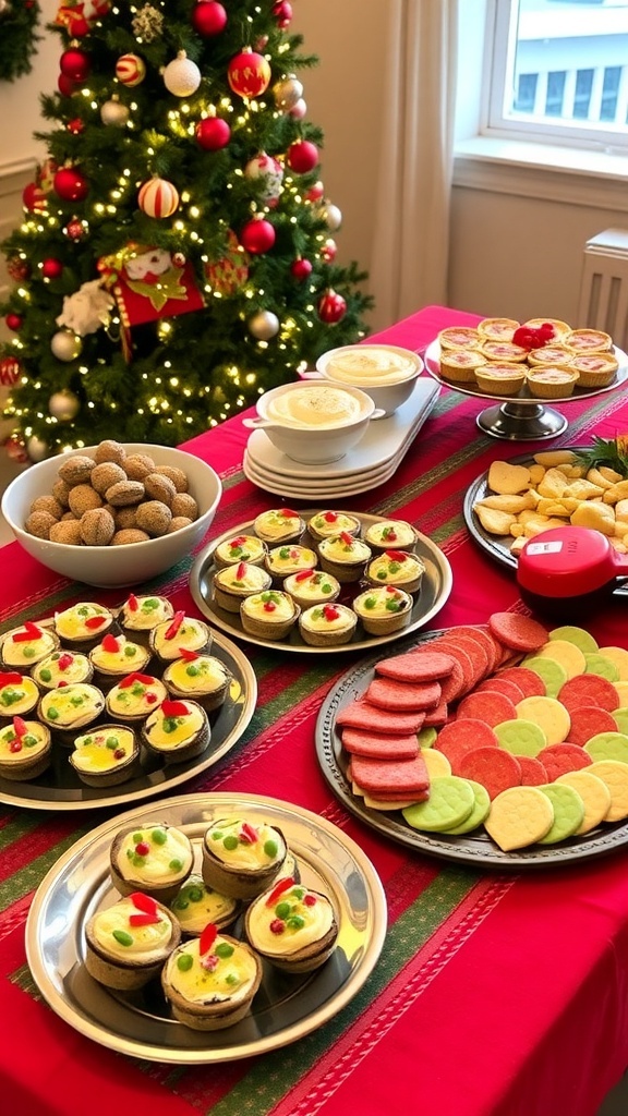 A festive Christmas party food table with appetizers, desserts, and a decorated Christmas tree in the background.